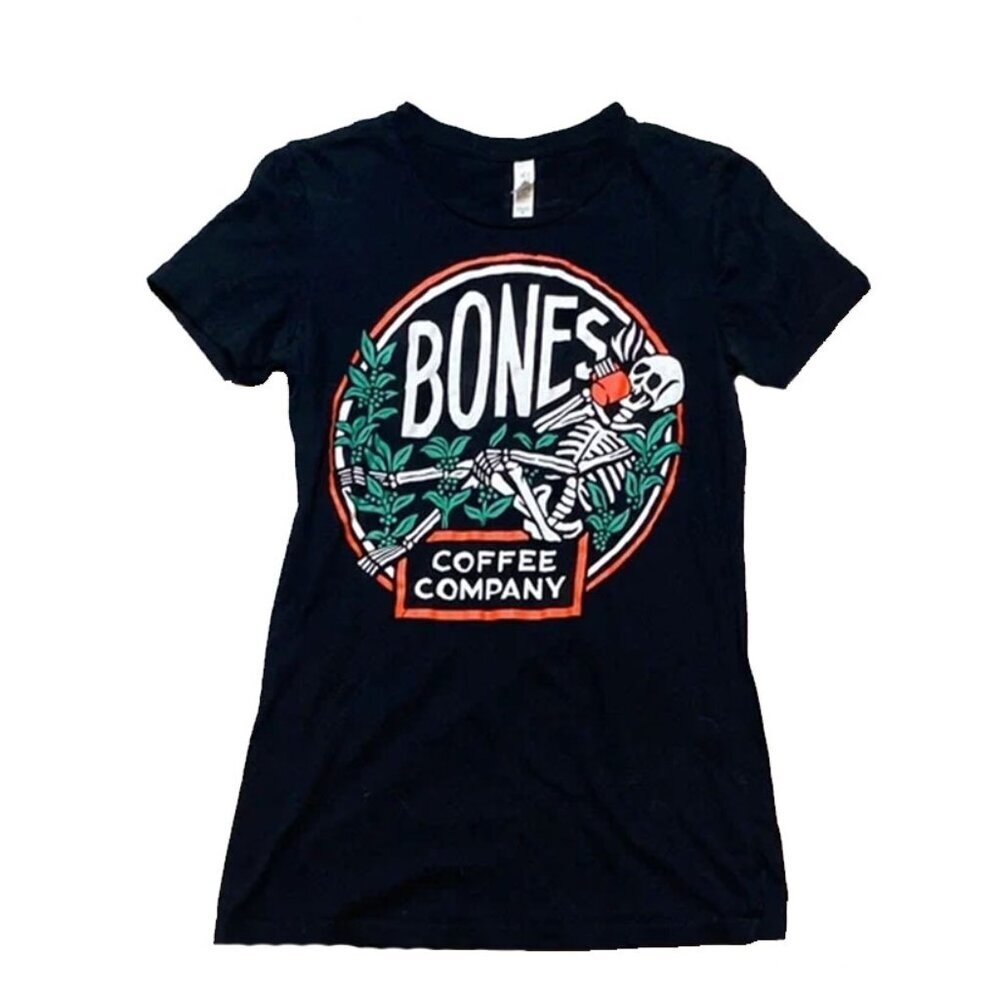 Bones Coffee Skeleton Logo Graphic Tee Black Women’s Medium